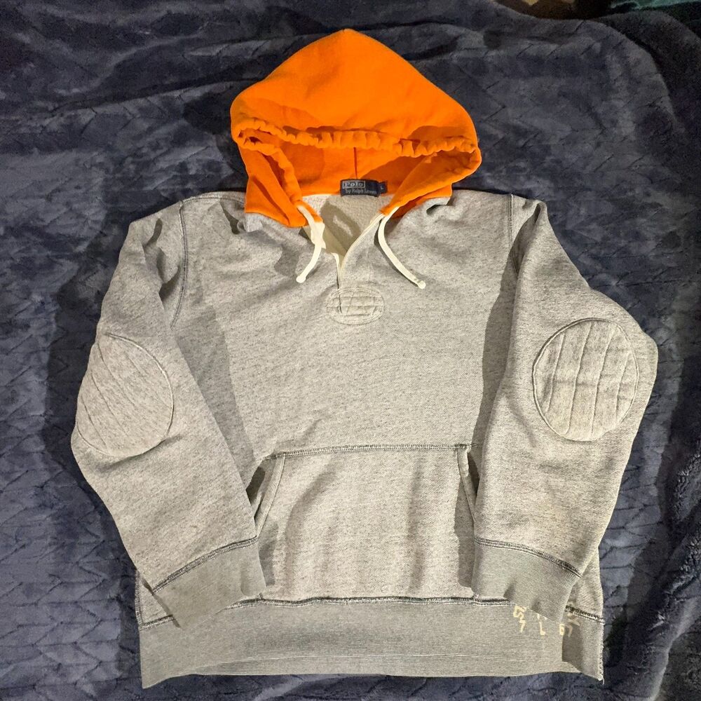 Vintage 90s Polo Ralph Lauren Rugby Jersey Hoodie Pullover Gray Elbow Patch L